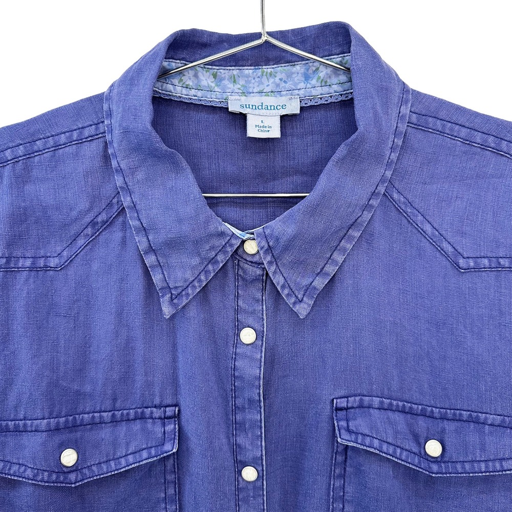 SUNDANCE 100% Linen Chambray Pearl Snap Button Up • Large • blue • Western Chic - Picture 2 of 8